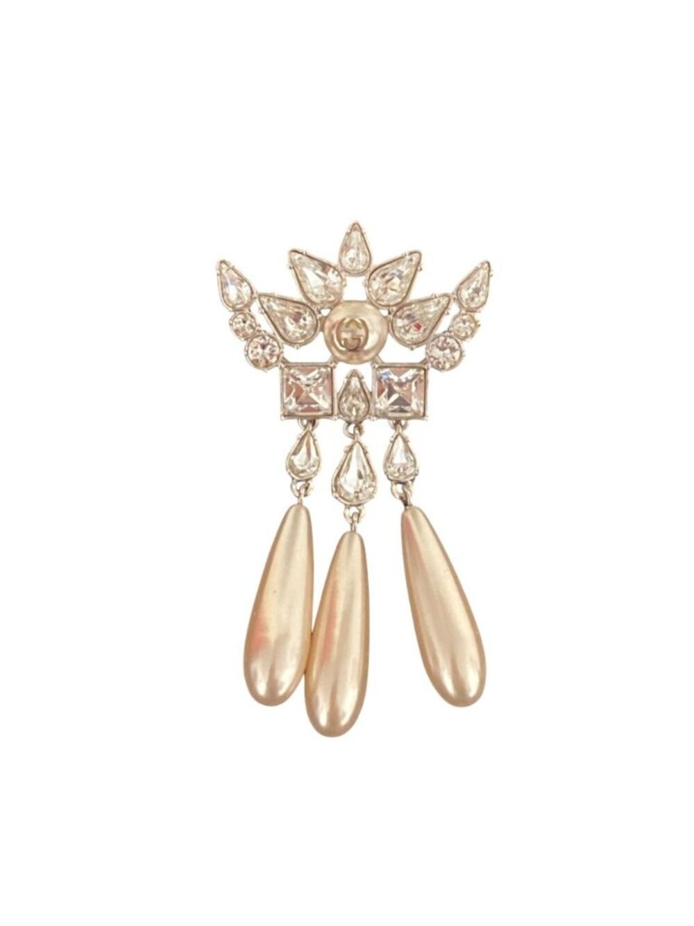 Gucci Interlocking G Rhinestone Faux Pearl Pin Badge Brooch Silver Colored